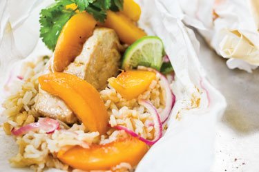 Fish in Parchment with Peaches, Soy, and Jasmine Rice